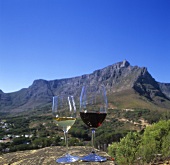 Wine glasses on a rock with view of Cape Town, S. Africa