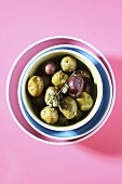 Pickled Greek olives in a small bowl