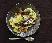 Salad leaves with Portobello mushrooms and croutons
