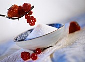 Verschiedene Beeren und eine Schale mit weißem Zucker