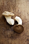 Two king oyster mushrooms on wooden background