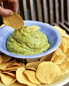 Hand dippt Chip in Guacamola