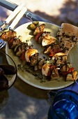 Aubergine, pepper and onion kebabs