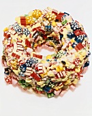 Ring cake covered in sweets