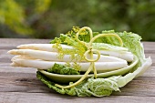 Fresh asparagus in a savoy cabbage leaf