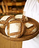 A basket of brown bread in a baker's shop