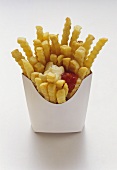 Crinkle Cut French Fries in a White Box with Ketchup and Mayonnaise