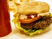 A Hamburger with Ketchup, Tomato, Onion, Lettuce and Pickle