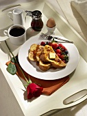 Breakfast Tray with French Toast, Strawberries, Boiled Egg and Coffee