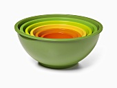 Mixing bowls of different sizes and colours stacked inside each other