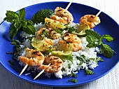 Grilled prawn kebabs with peppermint and rice