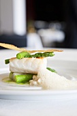 Sea bass with asparagus and crab foam