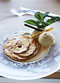 Apple beignets with cinnamon ice cream and mint