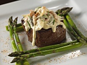 Beef Fillet Topped with Crawfish Hollandaise Sauce; With Asparagus