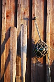 Utensilien zum Fischen an einer Holzwand