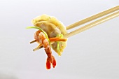 Wonton and shrimp on chopsticks (Asia)