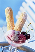 Cherry yogurt ice cream with ladyfingers