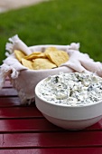 Artichoke Dip and Chips on an Outdoor Table
