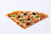 A slice of pizza with tuna, olives and basil