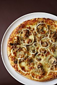 Sausage, Mushroom and Onion Pizza; From Above; Whole