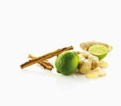 Limes, ginger and cinnamon stick