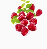 Fresh raspberries with leaves