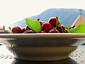 Cherries with leaves on plate against mountain backdrop