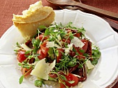 Cress salad with broad beans, tomatoes and parmesan