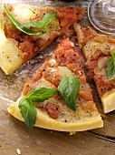 Pieces of pizza with tomatoes, cheese and basil