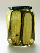 Jewish dill pickled gherkins (Kosher pickles) in jar