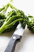 Freshly washed broccoli with knife