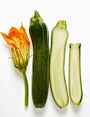 Courgette flower, whole and half courgettes