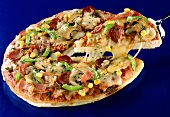 Pizza with sausage and vegetables (a piece cut)