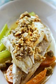 Sea bass with nut butter, celery and carrots
