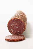 Venison sausage (salami), a slice cut