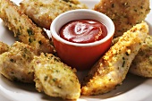 Chicken nuggets in herb panade with ketchup
