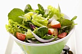 Spring salad with red onions and strawberries in bowl