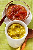 Mustard relish and pepper relish in small bowls