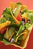 Mexican salad with vegetables and taco chips in taco shell