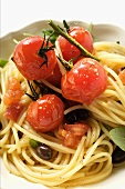 Spaghetti with cherry tomatoes and olives