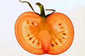 Slice of tomato with stalk, backlit