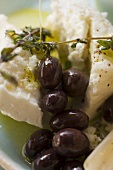 Feta cheese with olives, olive oil and thyme