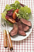 Sliced beef steak with salad