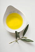 Olivenöl in Schale, daneben Olivenzweig