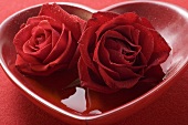 Red roses in heart-shaped bowl