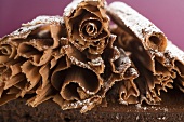 Chocolate curls with icing sugar on chocolate cake