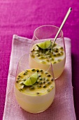 Passion fruit cream with coconut and lime in glasses
