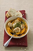 Scallops with pumpkin puree and thyme, white bread