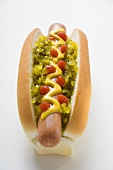 Hot dog with relish, mustard and ketchup