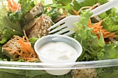 Salad leaves with carrots, croutons & sour cream dressing